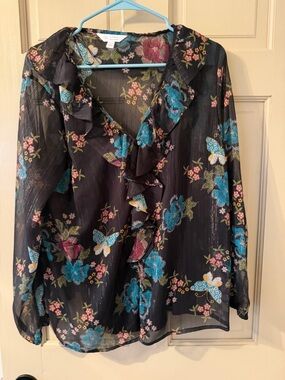 LC Lauren Conrad Black Sheer Ruffle-Front Floral Blouse with Teal & Pink Accents